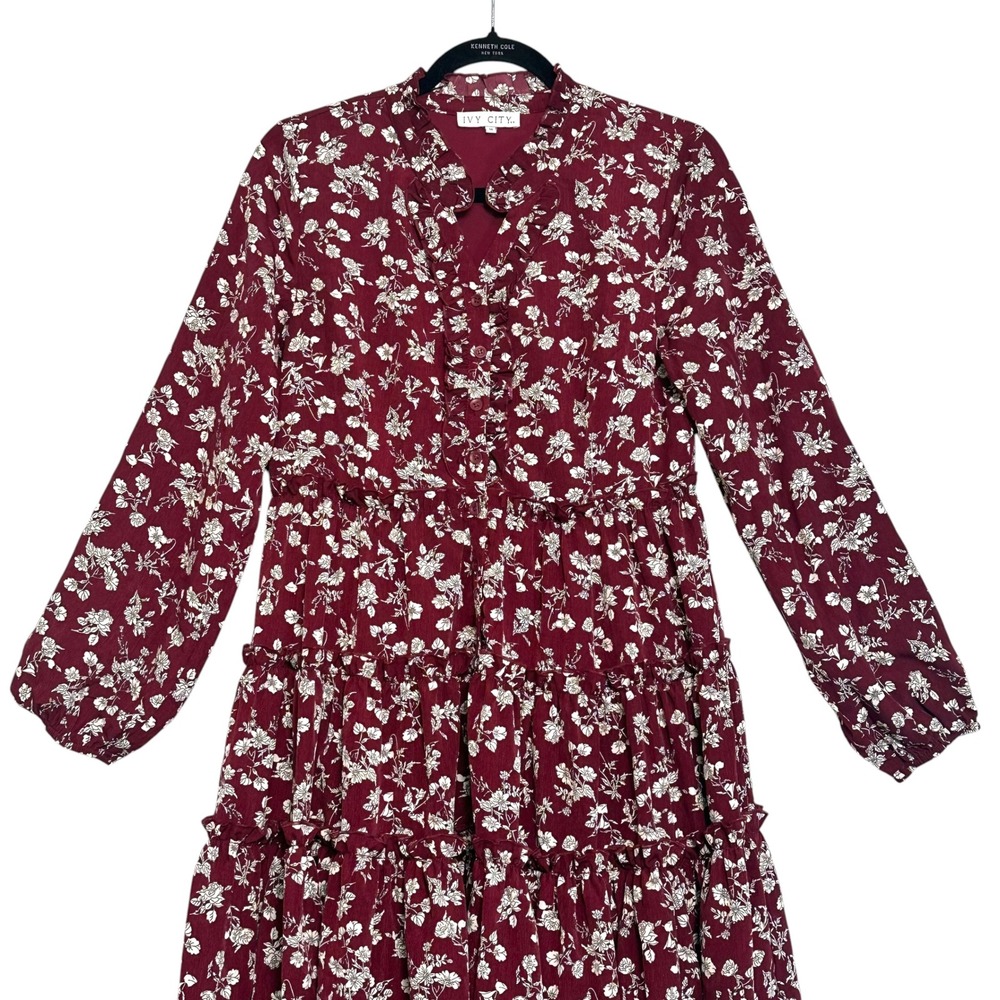 Ivy City Dress Lisbeth Floral Tiered Ruffle High Low Burgundy‎ M Cottagecore - Picture 3 of 15